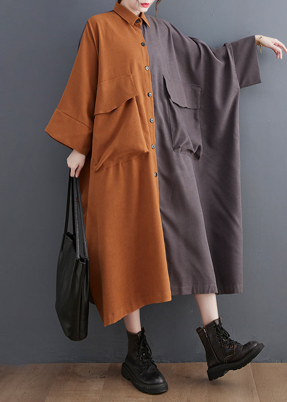 Colorblock Oversized Patchwork Pockets Cotton Long Dress Batwing Sleeve