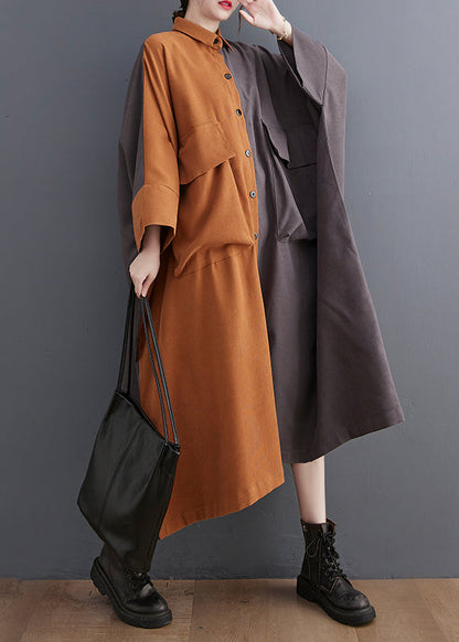 Colorblock Oversized Patchwork Pockets Cotton Long Dress Batwing Sleeve