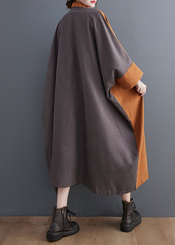 Colorblock Oversized Patchwork Pockets Cotton Long Dress Batwing Sleeve