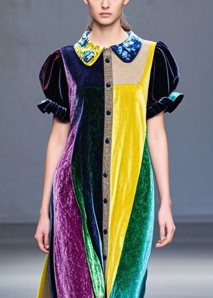 Colorblock Peter Pan Collar Patchwork Silk Velvet Robe Dresses Fall