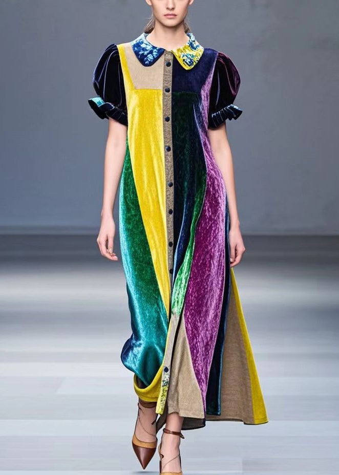 Colorblock Peter Pan Collar Patchwork Silk Velvet Robe Dresses Fall