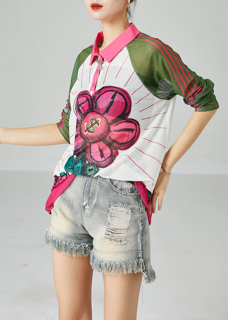 Colorblock Peter Pan Collar Print Tulle Upf 50+ Top Summer