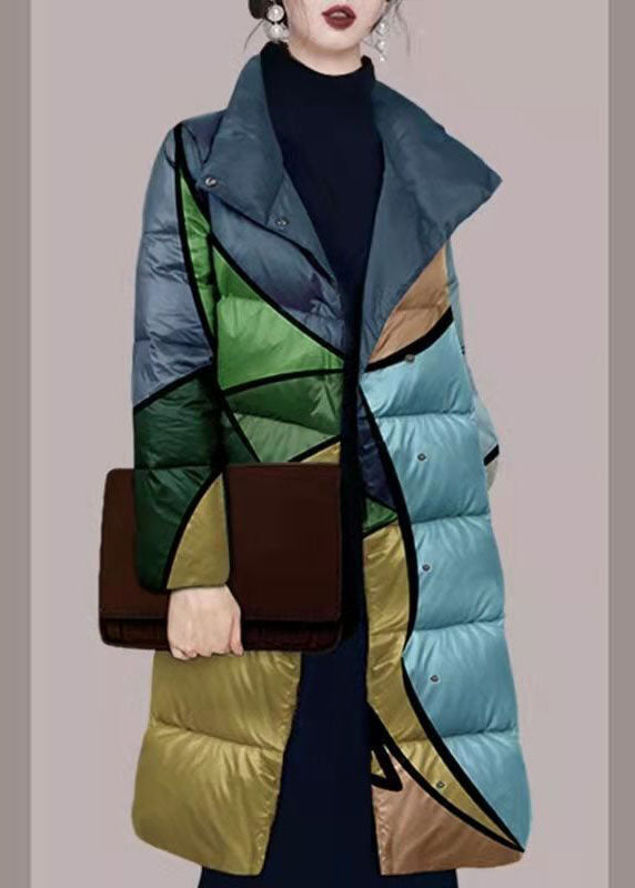 Colorblock Stand Collar Print Fine Cotton Filled Puffers Jackets Winter