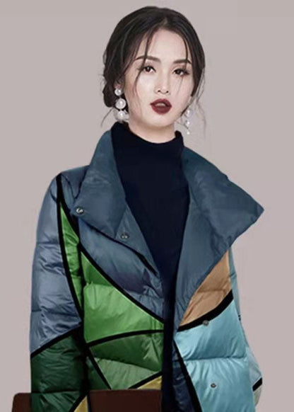Colorblock Stand Collar Print Fine Cotton Filled Puffers Jackets Winter