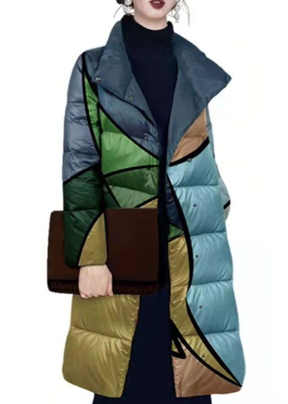 Colorblock Stand Collar Print Fine Cotton Filled Puffers Jackets Winter