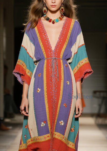 Colorblock V Neck Patchwork Cotton Dress Summer