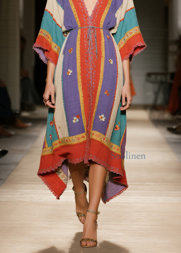Colorblock V Neck Patchwork Cotton Dress Summer