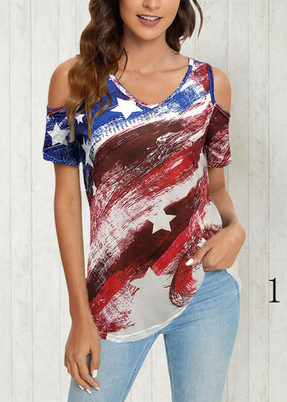 Colorblock V Neck Off the Shoulder Independence Day Theme Tanks Summer
