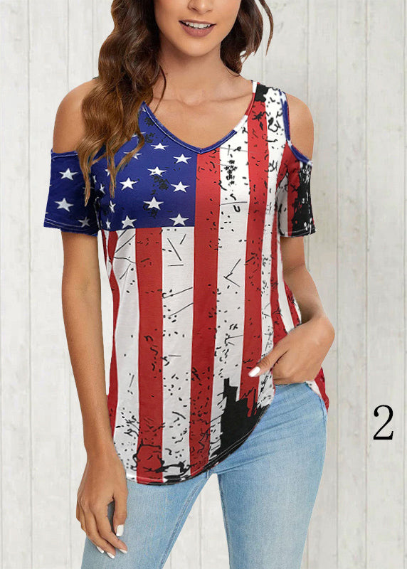 Colorblock V Neck Off the Shoulder Independence Day Theme Tanks Summer