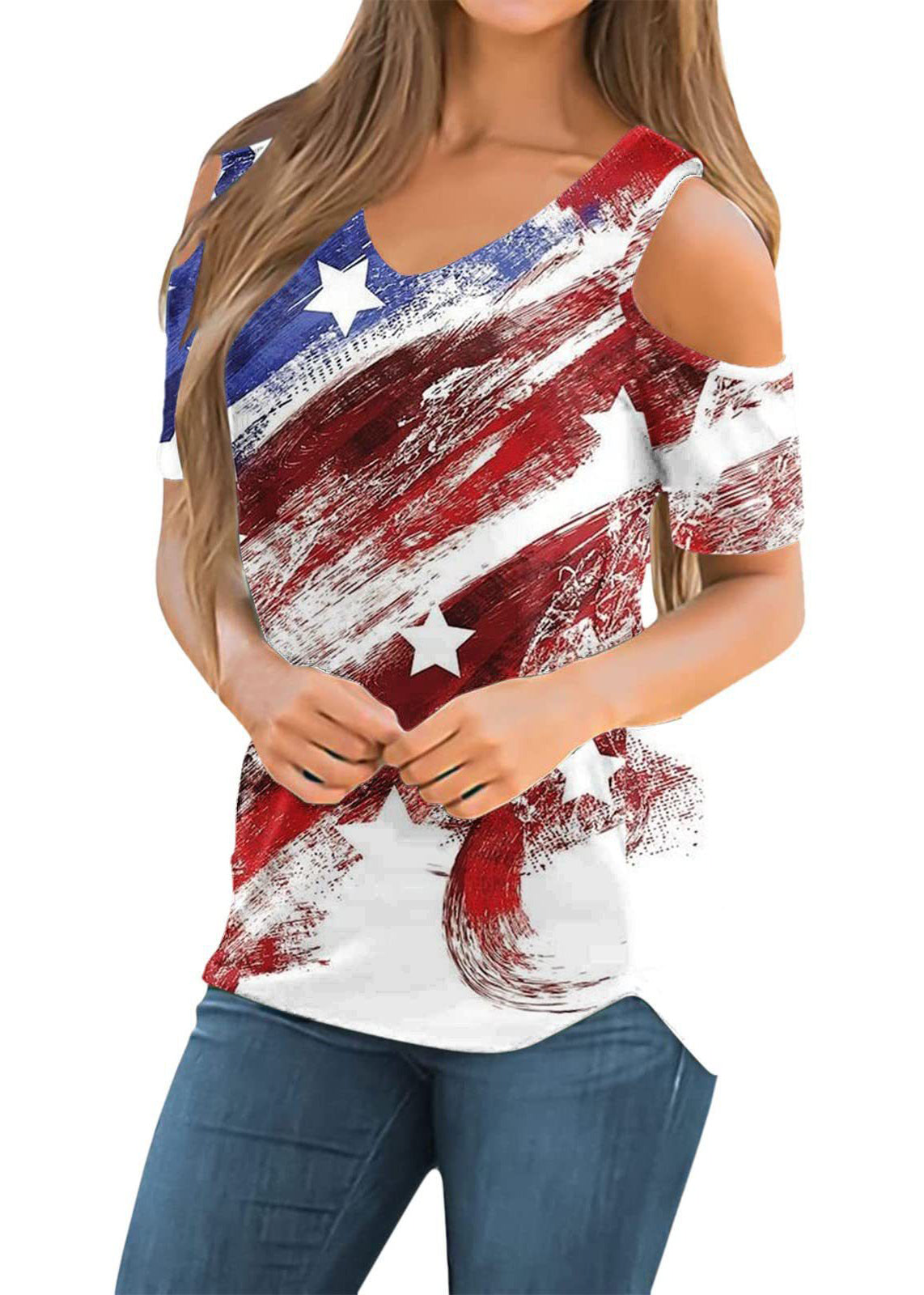 Colorblock V Neck Off the Shoulder Independence Day Theme Tanks Summer