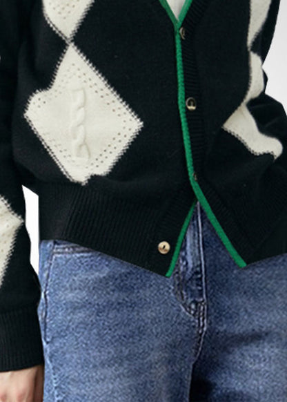 Colorblock V Neck Patchwork Plaid Wool Knit Cardigan Winter
