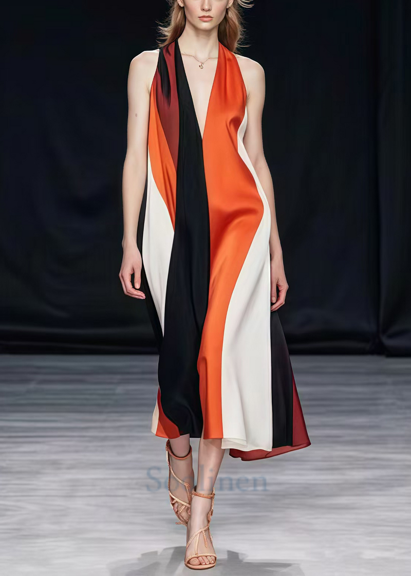 Colorblock V Neck Patchwork Silk Halter Dresses Summer