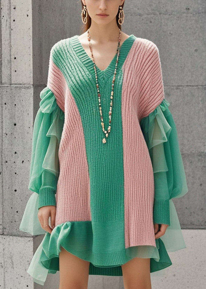 Colorblock V Neck Patchwork Tulle Knitwear Dress Fall