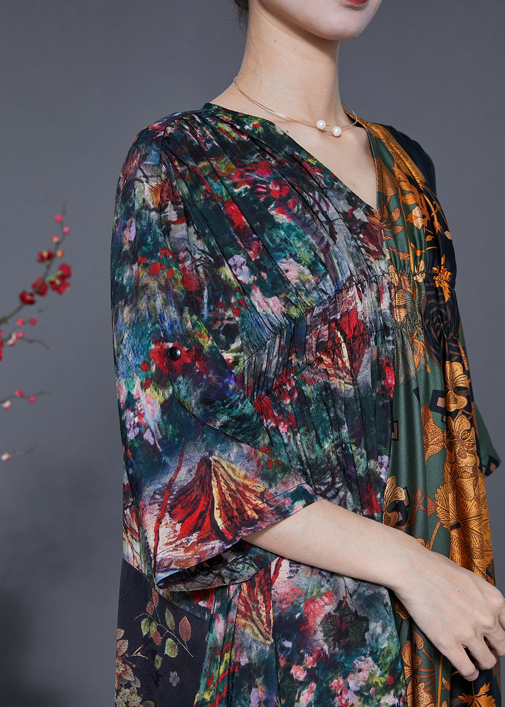 Colorblock V Neck Patchwork Wrinkled Print Silk Long Dress Summer
