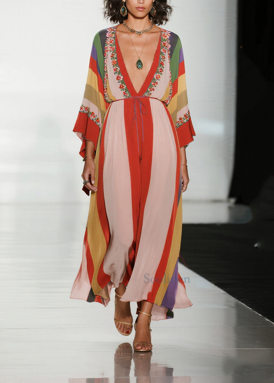 Colorblock V Neck Print Chiffon Holiday Dress Summer