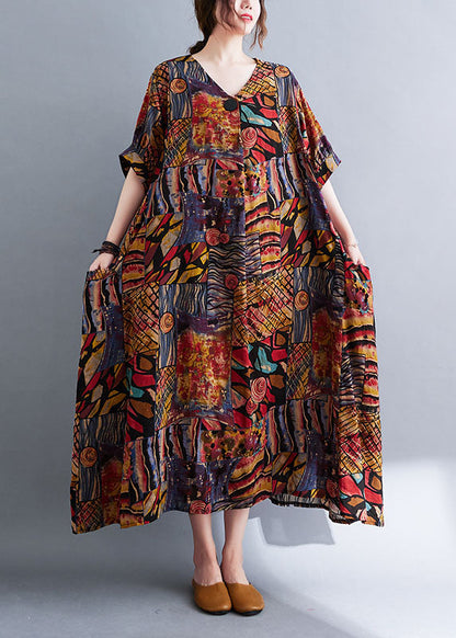 Colorblock V Neck Print Cotton Maxi Dresses Short Sleeve