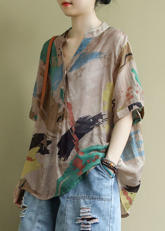 Colorblock V Neck Print Patchwork Cotton Shirts Top Summer