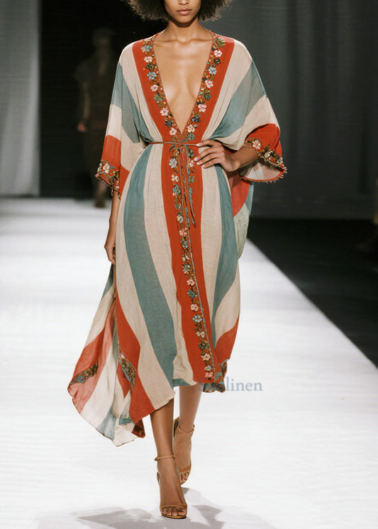 Colorblock V Neck Striped Cotton Tunic Dresses Summer