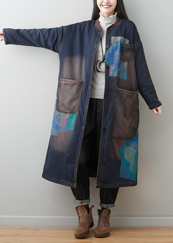 Dark Blue Patchwork Pockets Print Warm Fleece Outwear Winter