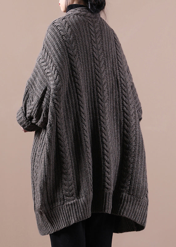 Dark Khaki V Neck Cable Knit Sweaters Coats Winter