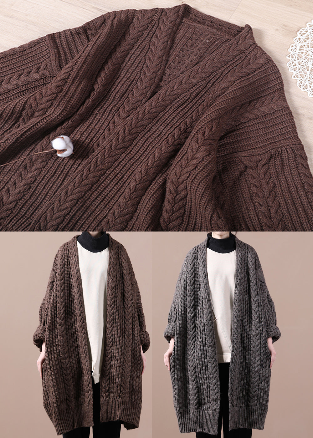 Dark Khaki V Neck Cable Knit Sweaters Coats Winter