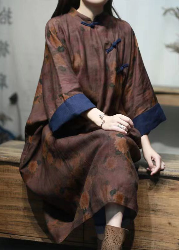 Dark Red Stand Collar Print Button Linen Gown Spring