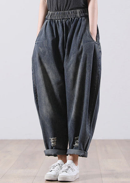 Denim Blue Elastic Waist Pockets Cotton Harem Pants Fall