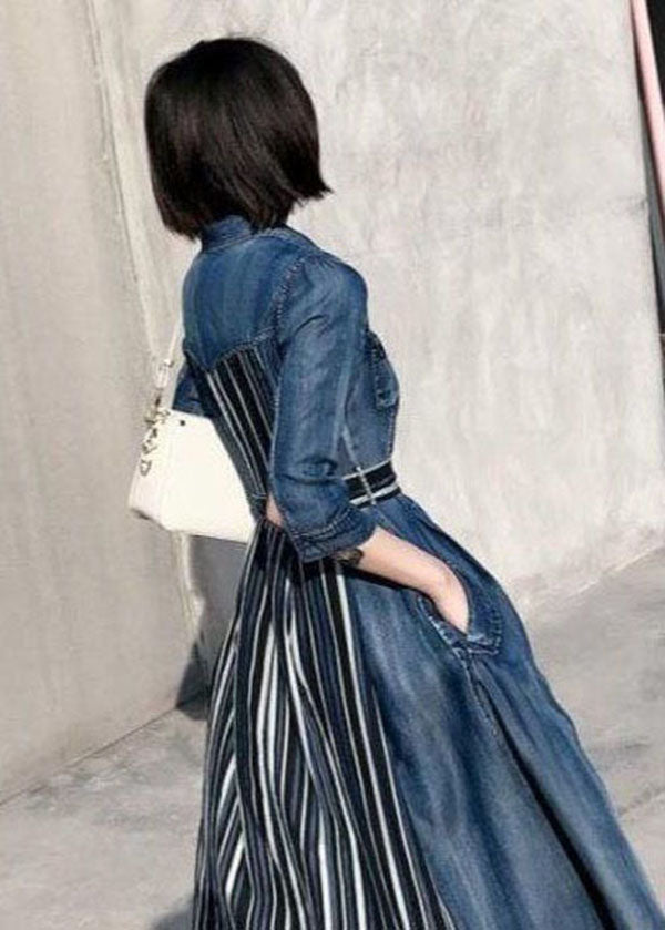 Denim Blue Peter Pan Collar Patchwork Striped Cotton Holiday Dress Bracelet Sleeve