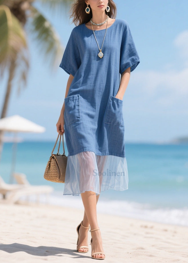 Denim Blue Pockets Patchwork Tulle Cotton Long Dress Summer