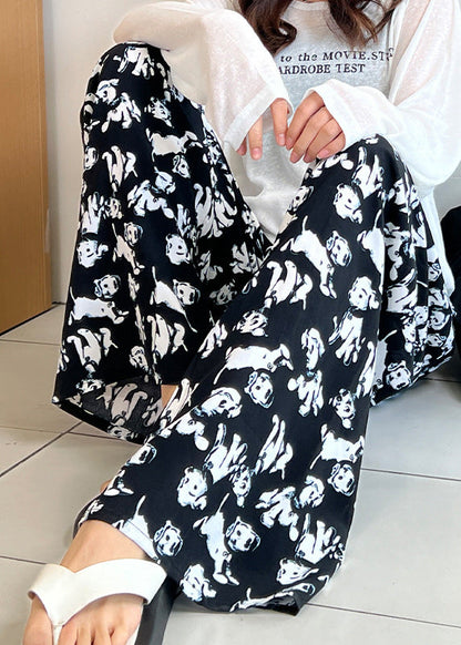 Elastic Waist Print Cotton Straight Pants Summer