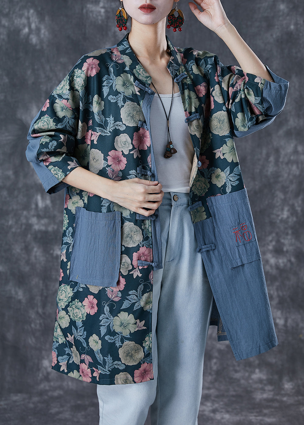Embroidered Patchwork Print Linen Coat Outwear Fall