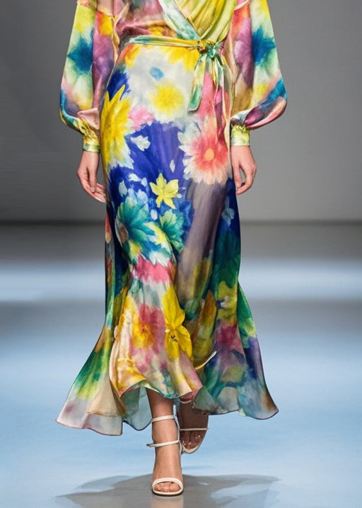 Flower Print Tie Waist Silk Long Dress Spring