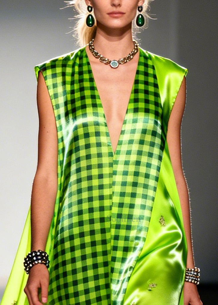 Fluorescent Green Plaid Patchwork Silk Ankle Dress Sleeveless