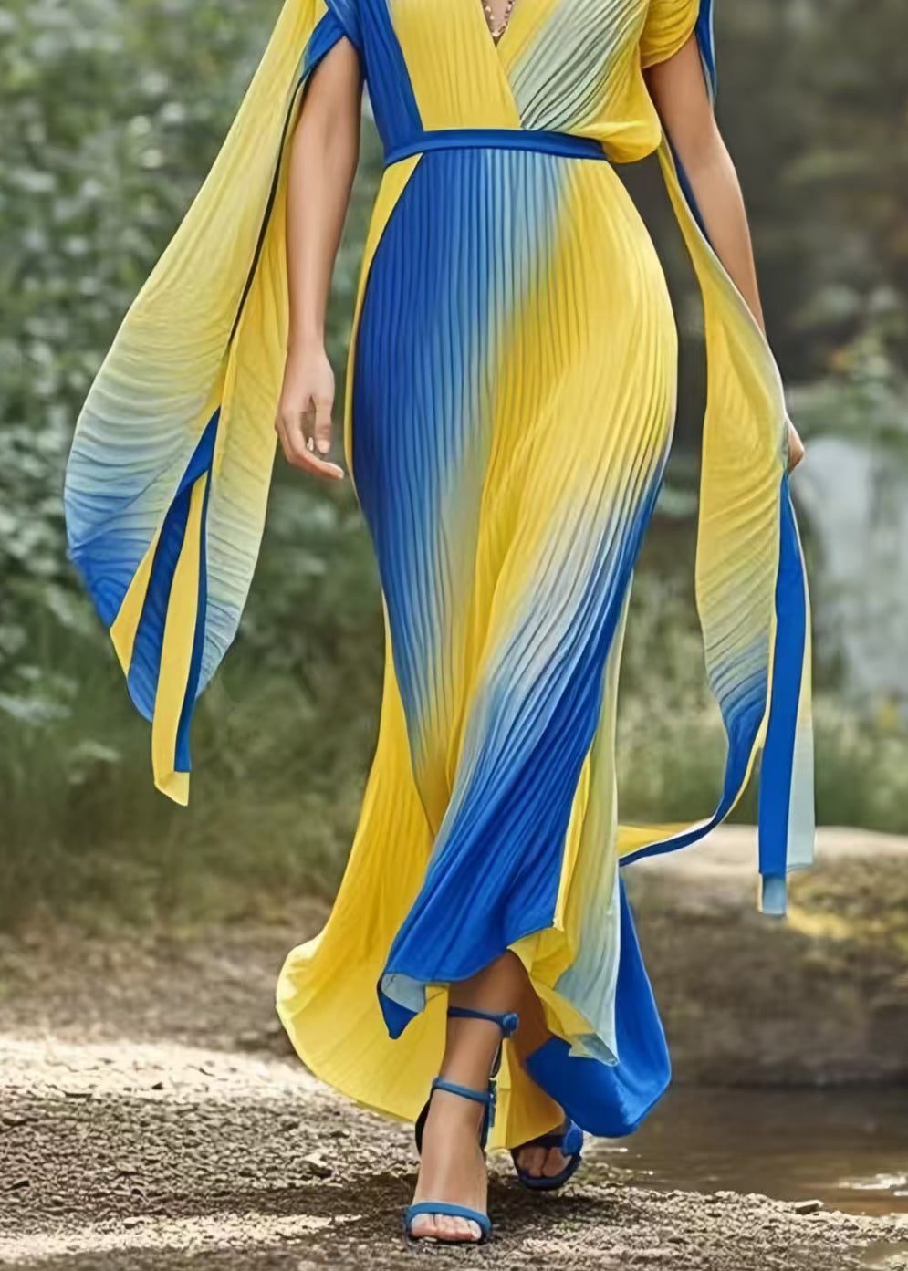 Gradient Color Cinched Chiffon Vestidos Dress Butterfly Sleeve