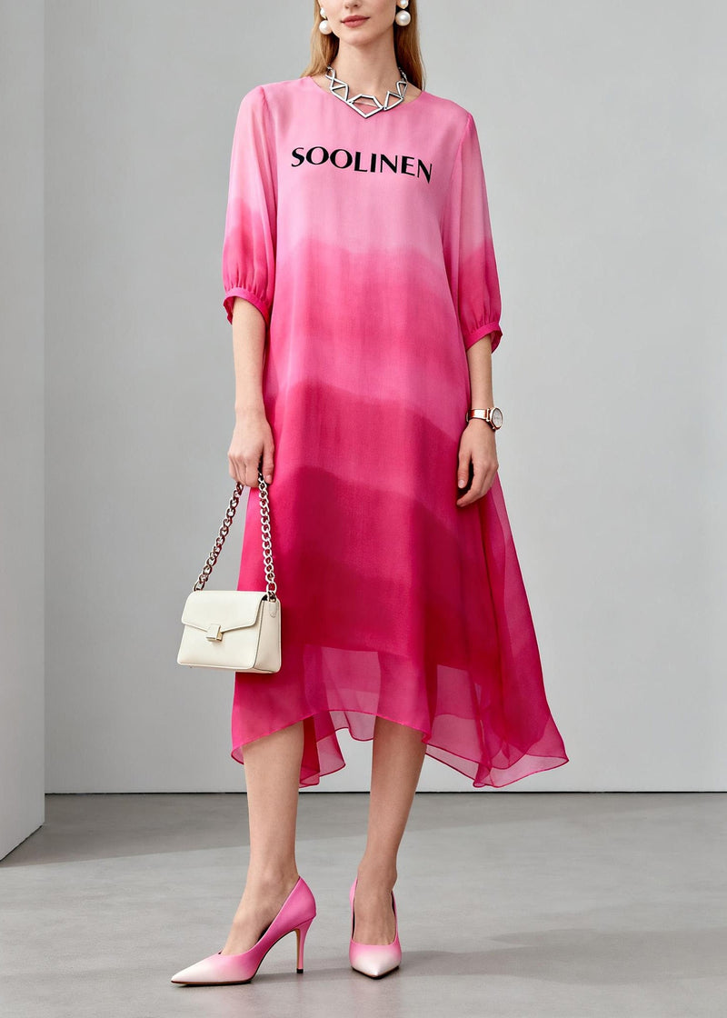 Gradient Color O Neck Print Chiffon Maxi Dress Summer