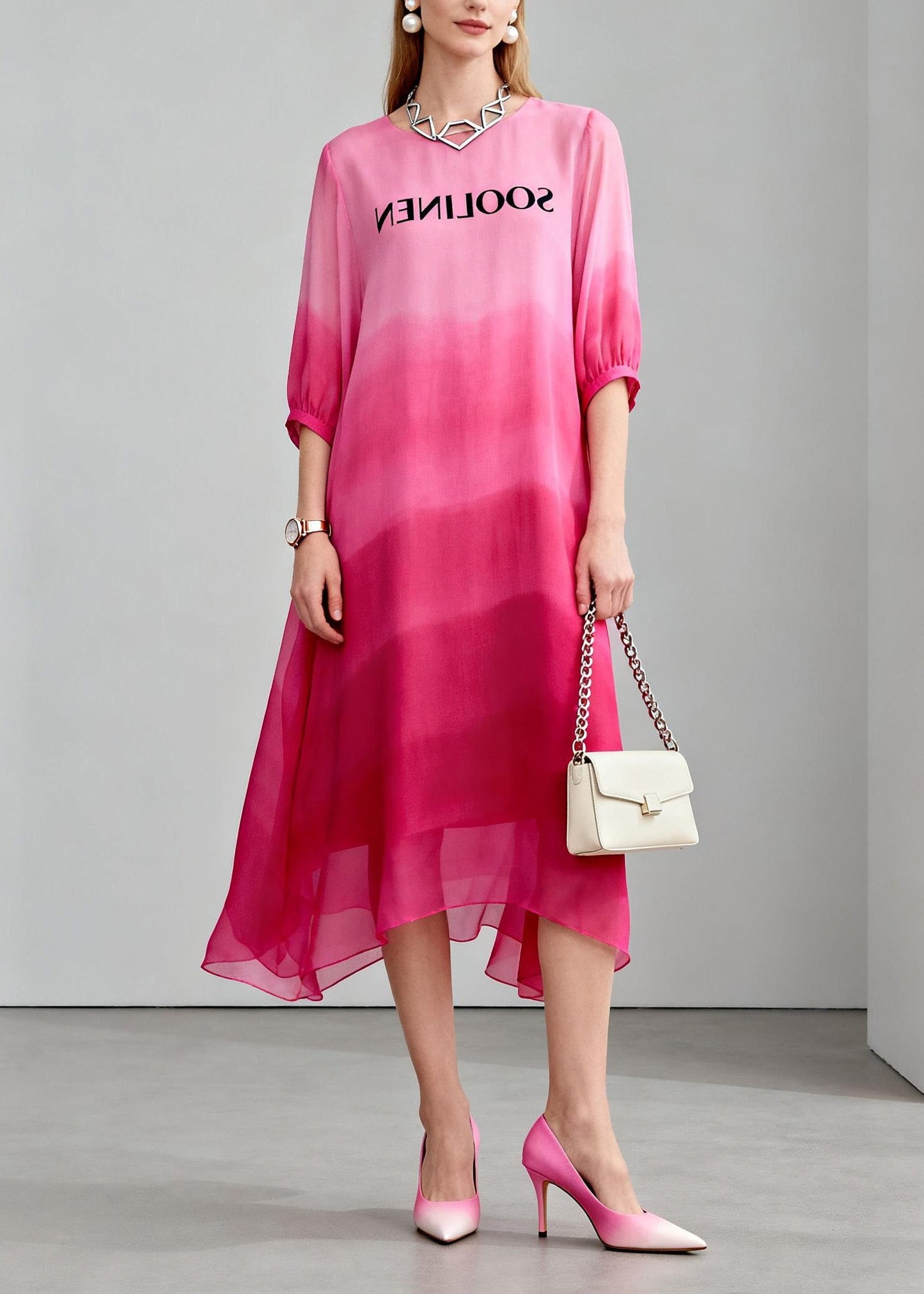 Gradient Color O Neck Print Chiffon Maxi Dress Summer