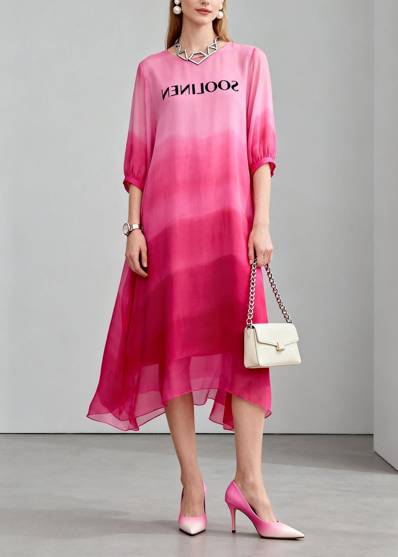 Gradient Color O Neck Print Chiffon Maxi Dress Summer