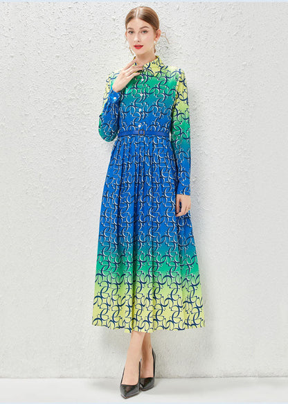 Gradient Color Print Patchwork Sashes Chiffon Exra Large Hem Dress Fall