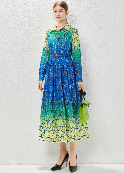 Gradient Color Print Patchwork Sashes Chiffon Exra Large Hem Dress Fall
