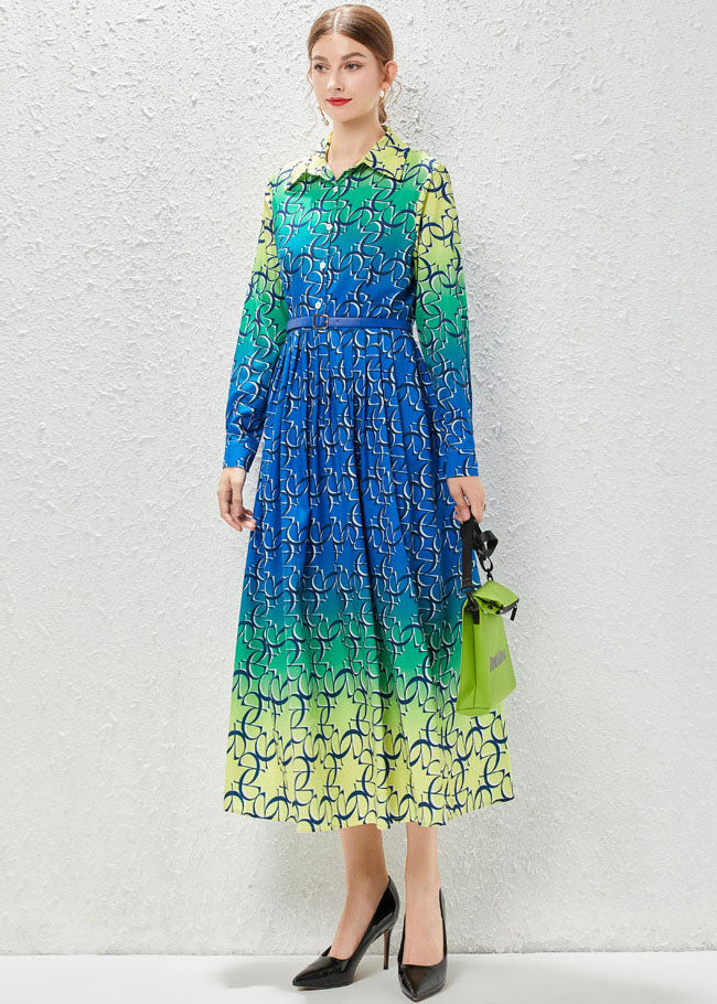Gradient Color Print Patchwork Sashes Chiffon Exra Large Hem Dress Fall