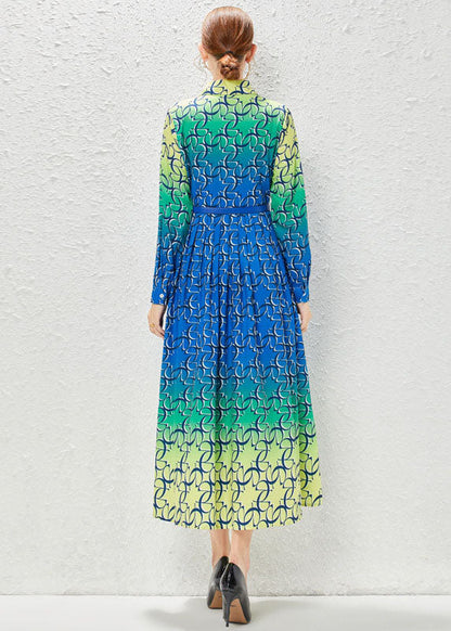 Gradient Color Print Patchwork Sashes Chiffon Exra Large Hem Dress Fall