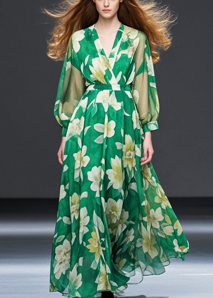 Grass Green Cinched Chiffon Maxi Dresses Spring