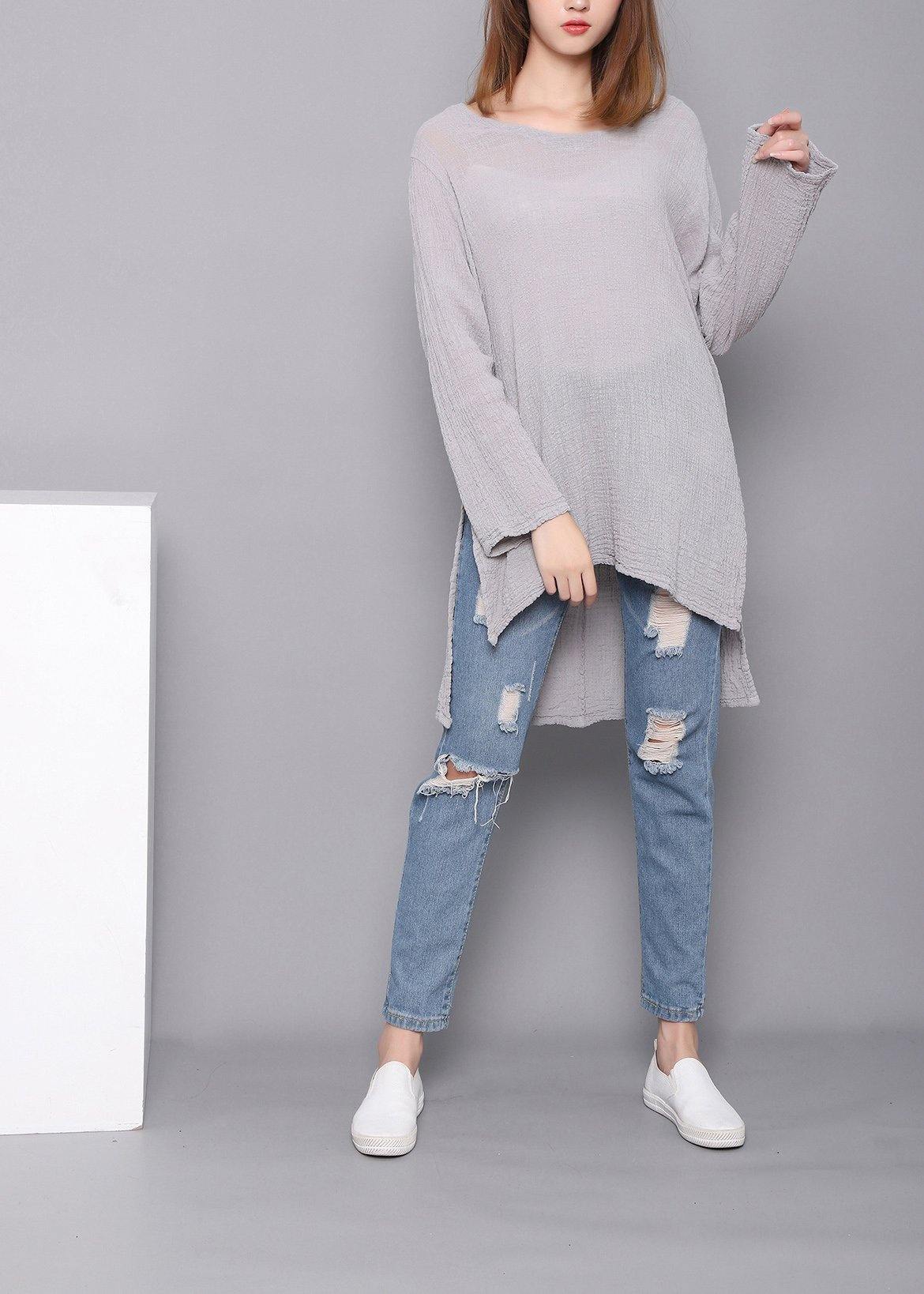 Bohemian Gray U Neck low high design Linen Shirts Spring