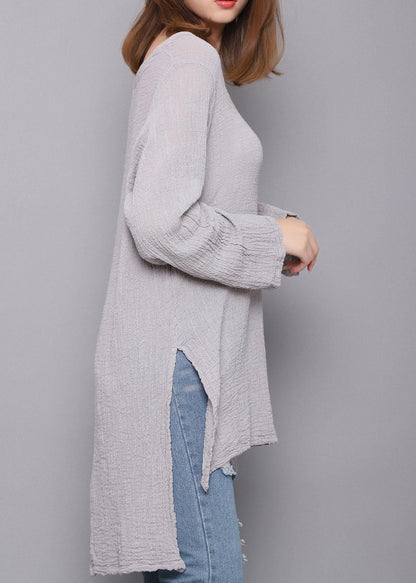 Bohemian Gray U Neck low high design Linen Shirts Spring
