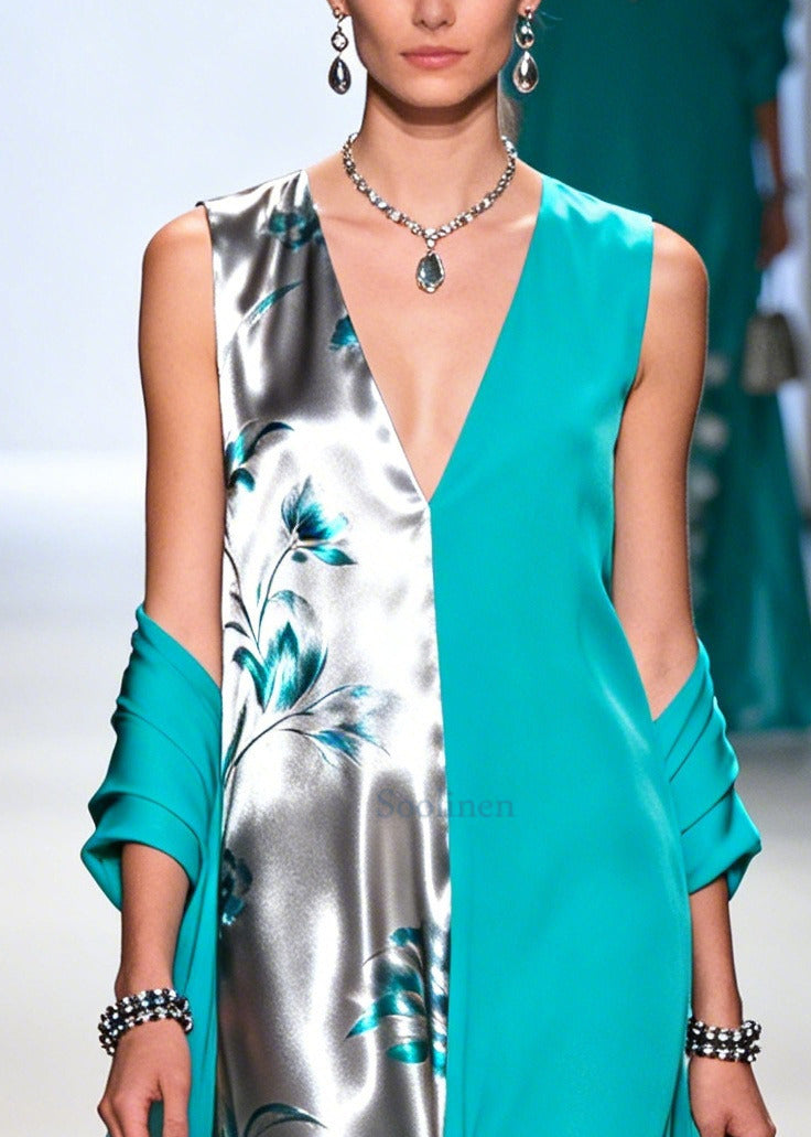 Green Asymmetrical Patchwork Chiffon Dress Sleeveless