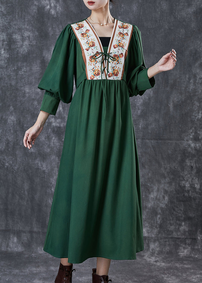 Green Cinched Patchwork Lace Up Cotton Dresses Spring