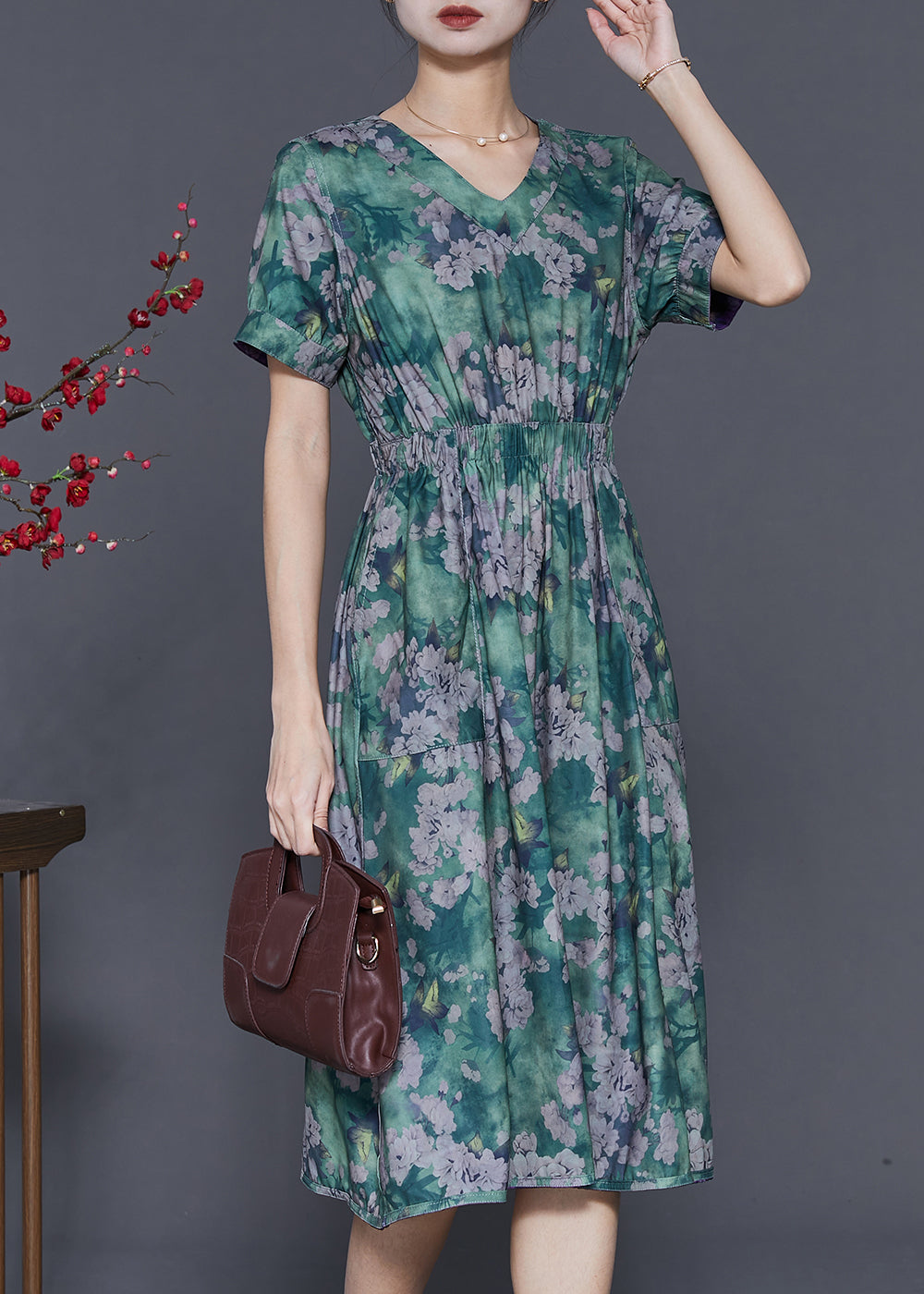 Green Cinched Print Cotton Dress Summer