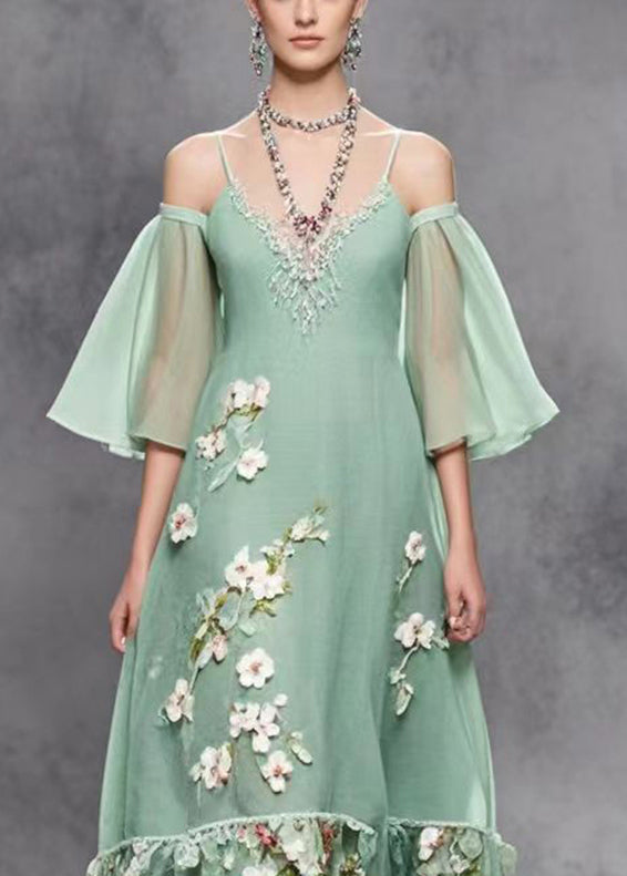 Green Cold Shoulder Three-dimensiona Chiffon Dresses Summer