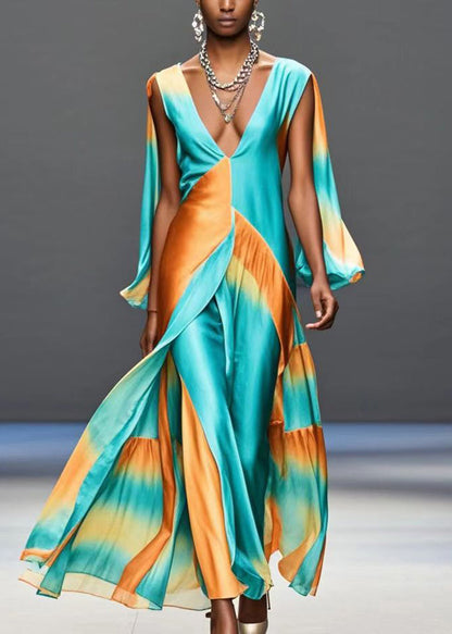 Green Deep-v Neck Patchwork Silk Maxi Dresses Butterfly Sleeve