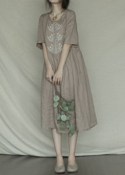 Green Embroideried Linen Dress Short Sleeve